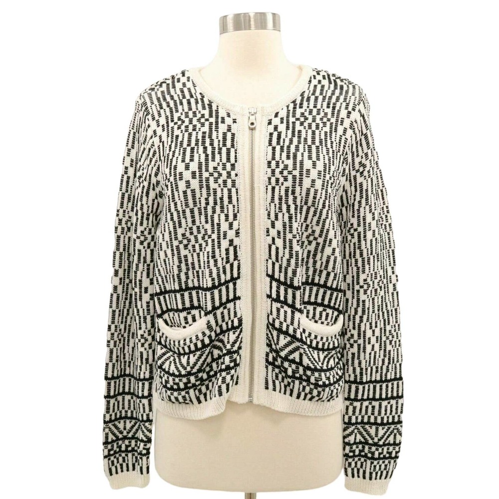 Joie Sweater Jacket Cardigan Linen Blend M Medium Black White Zip Jacolyn